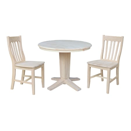 International Concepts 36 in.Round Extension Dining Table with 12 in.Leaf and 2 Dining Chairs in Unfinished - 3 Piece Set K-36RXT-23B-C61-2